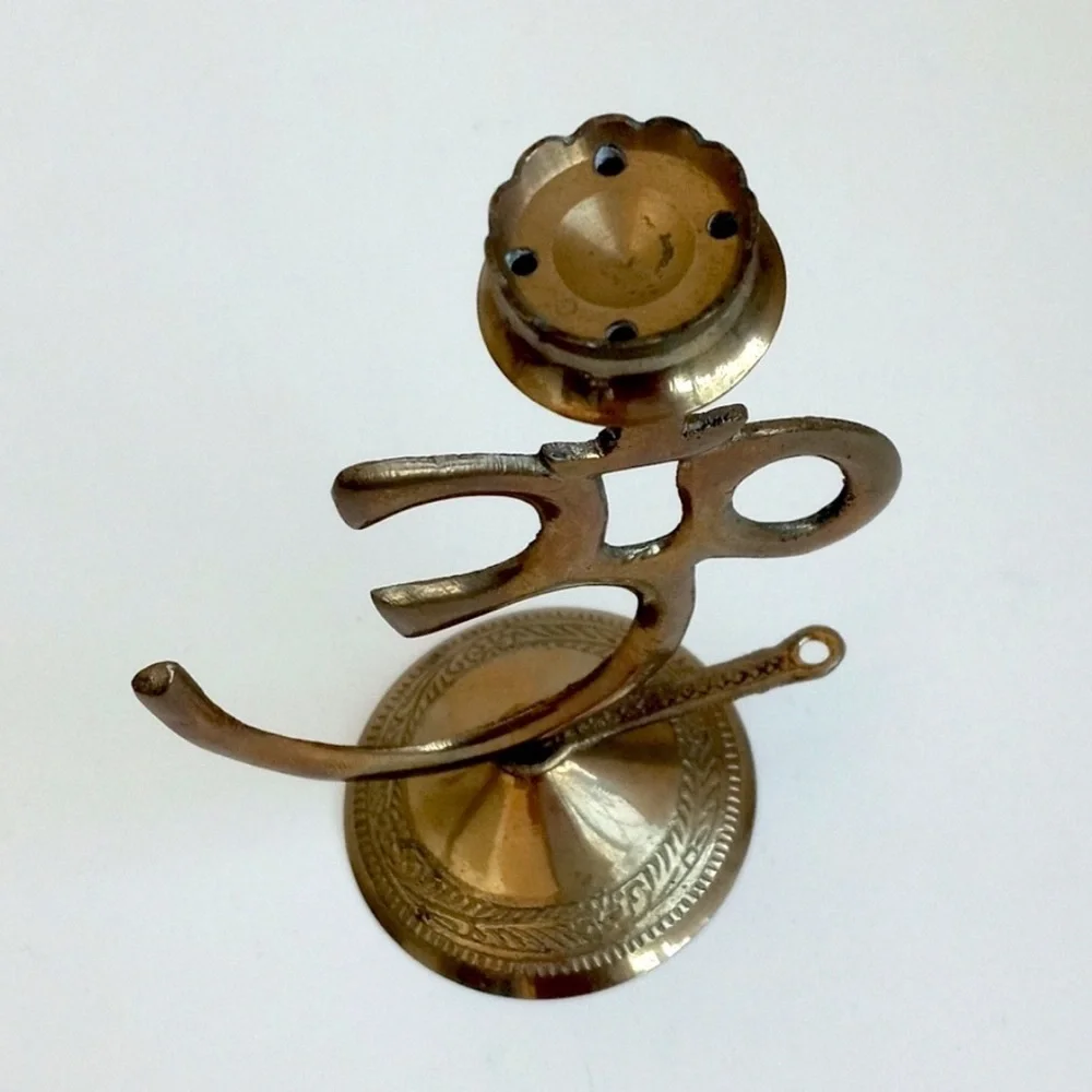 Antique Ohm Brass Incense Holder (4 Holder Slots + 1 Incense Slot) (6” Height)